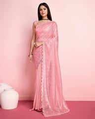 Alluring Silver Twill Net Sequin Pink Saree with Fully Embroidered Blouse Colorful Saree