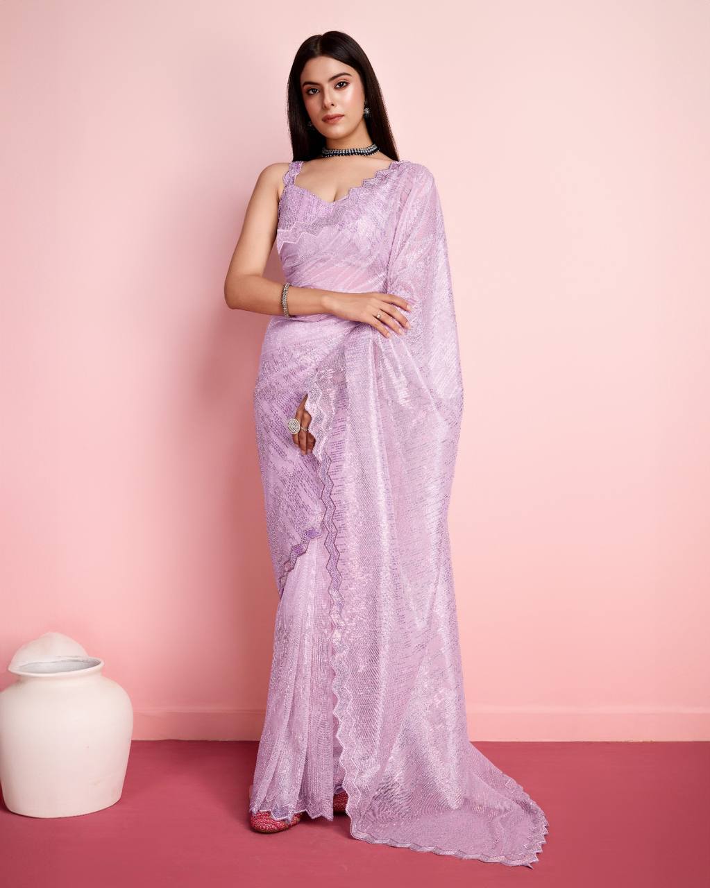 Alluring Silver Twill Net Sequin Purple Saree with Fully Embroidered Blouse Colorful Saree