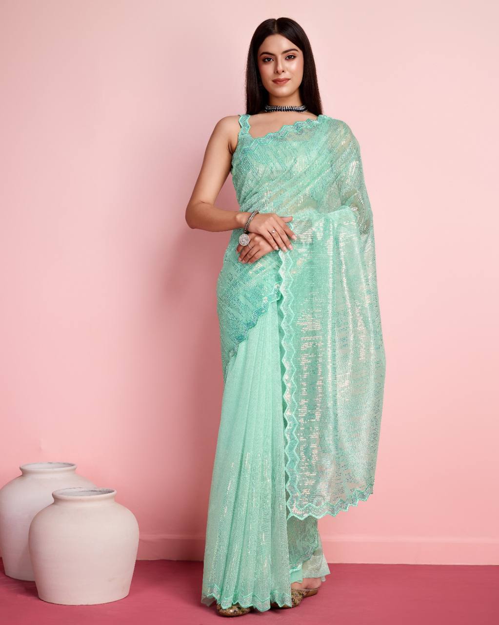 Alluring Silver Twill Net Sequin Sky Blue Saree with Fully Embroidered Blouse Colorful Saree