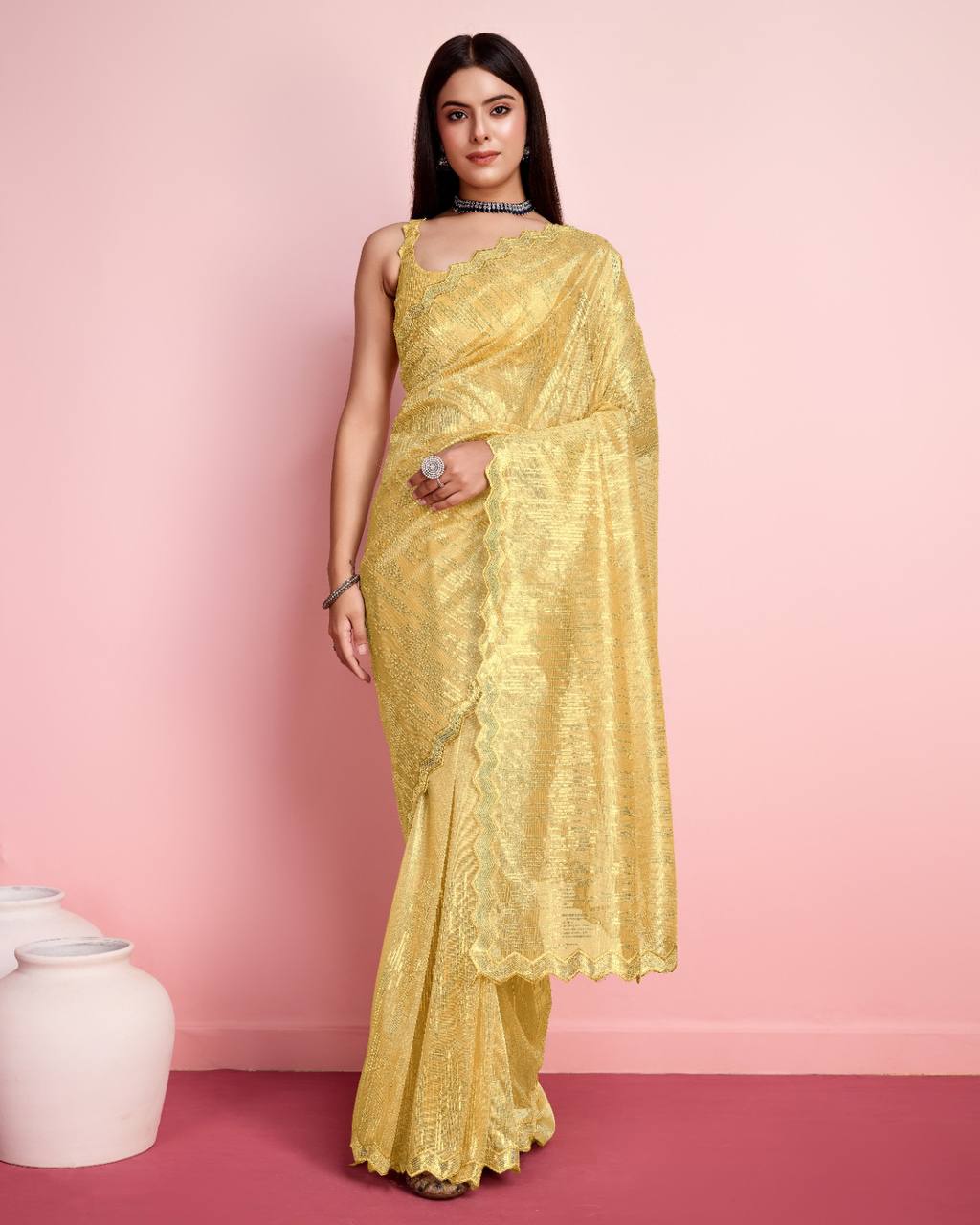 Alluring Silver Twill Net Sequin Yellow Saree with Fully Embroidered Blouse Colorful Saree