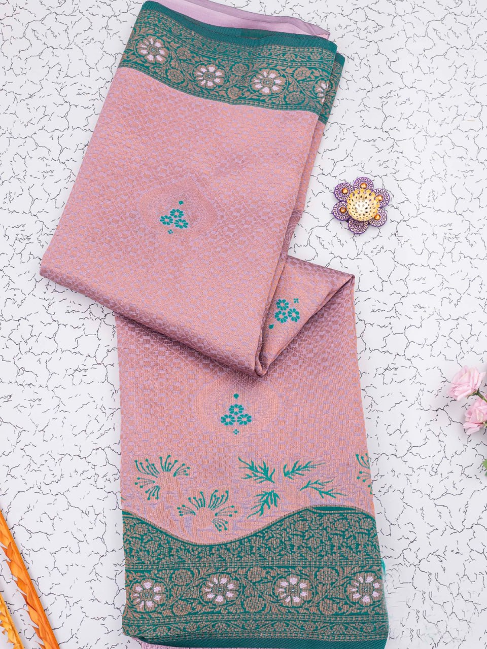 Baby Pink Banarasi Soft Silk Saree with Exquisite Copper Zari Weaving Colorful Saree