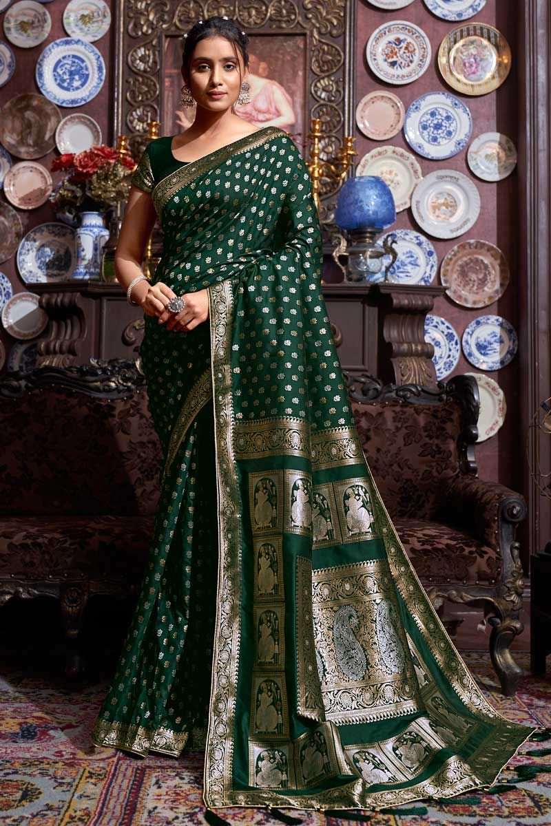 Banarasi Silk Fabric Dark Green Color Beautiful Look Saree - Colorful Saree