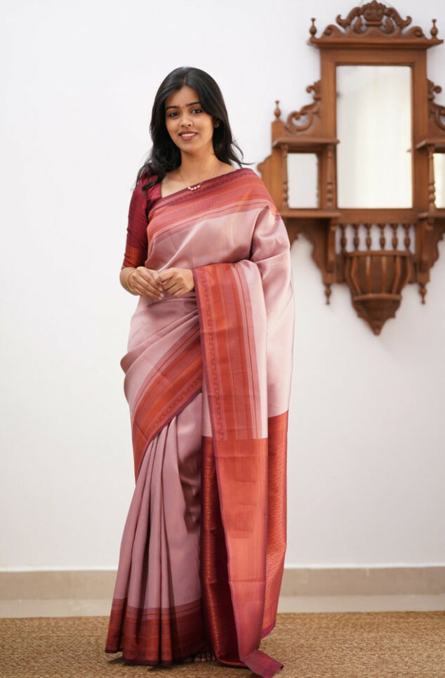 Banarasi Soft Silk Baby Pink Saree with Exquisite Copper Zari Weaving Colorful Saree