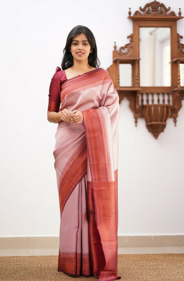 Banarasi Soft Silk Baby Pink Saree with Exquisite Copper Zari Weaving Colorful Saree