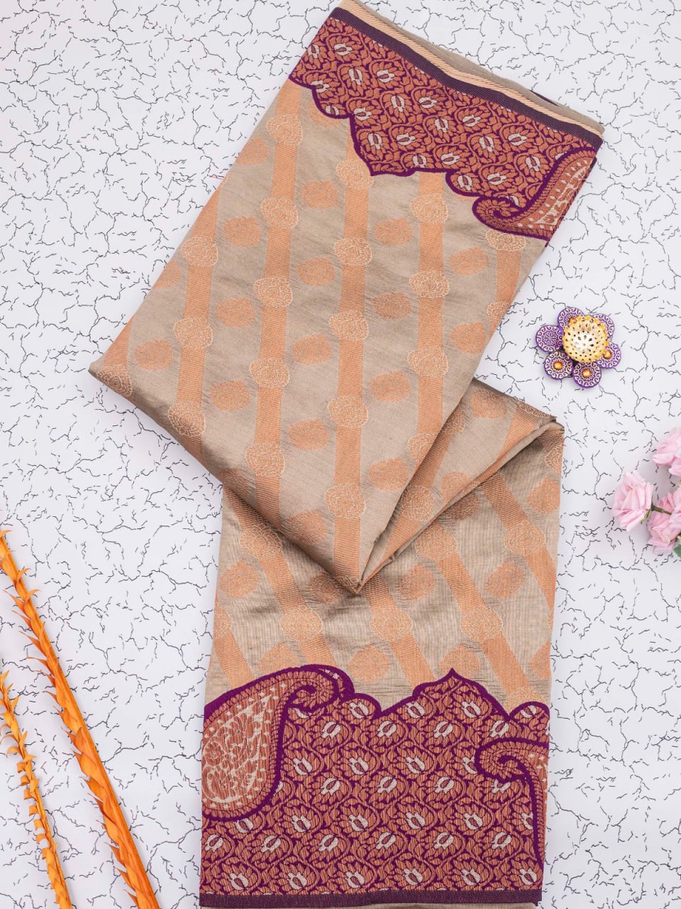 Banarasi Soft Silk Beige Saree with 5.5 Meters of Copper Zari Weaving Colorful Saree