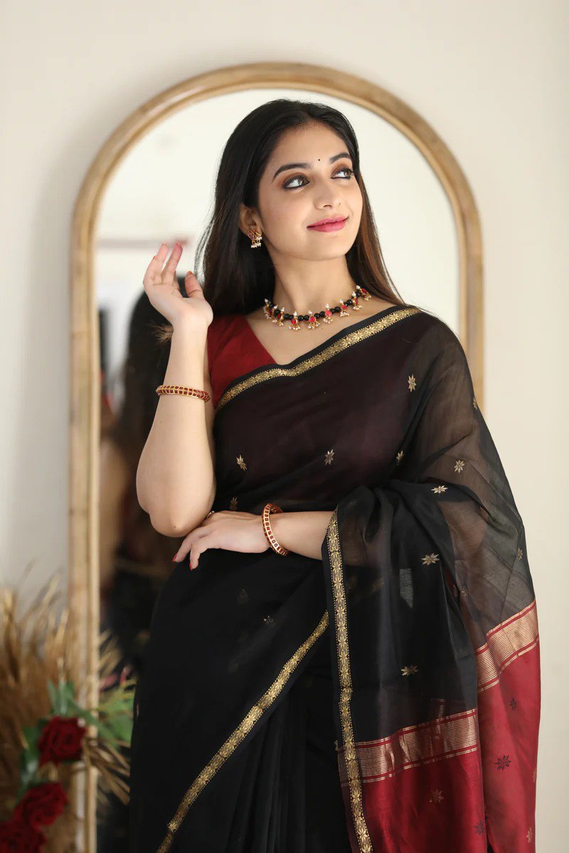 Banarasi Soft Silk Black Saree with Blouse Piece Colorful Saree