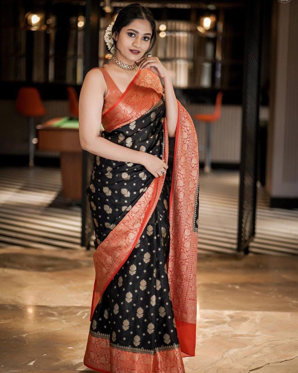 Banarasi Soft Silk Black Saree with Matching Blouse Colorful Saree