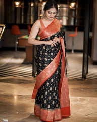 Banarasi Soft Silk Black Saree with Matching Blouse Colorful Saree