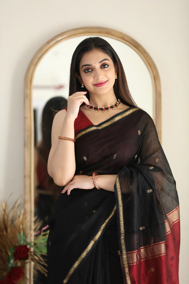 Banarasi Soft Silk Black Saree with Blouse Piece Colorful Saree