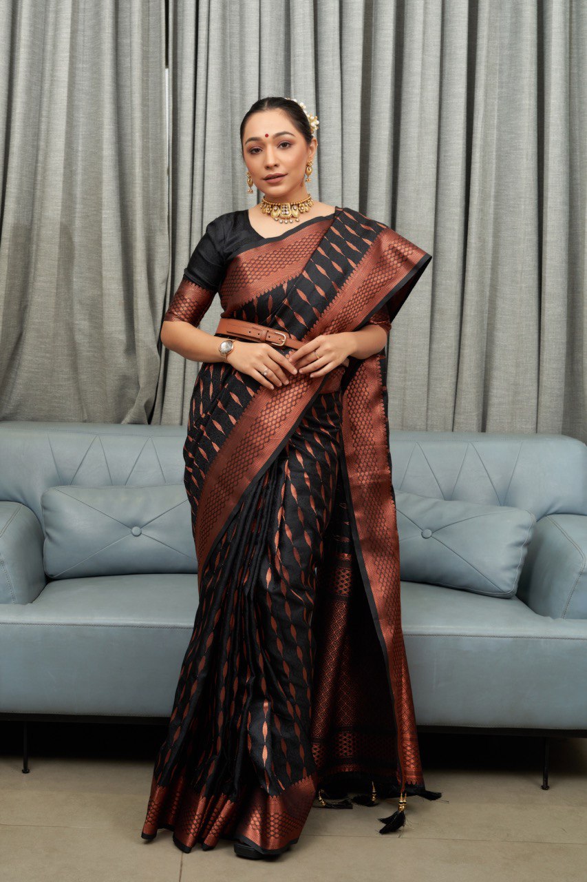 Banarasi Soft Silk Black Saree with Exquisite Copper Zari Weaving Colorful Saree