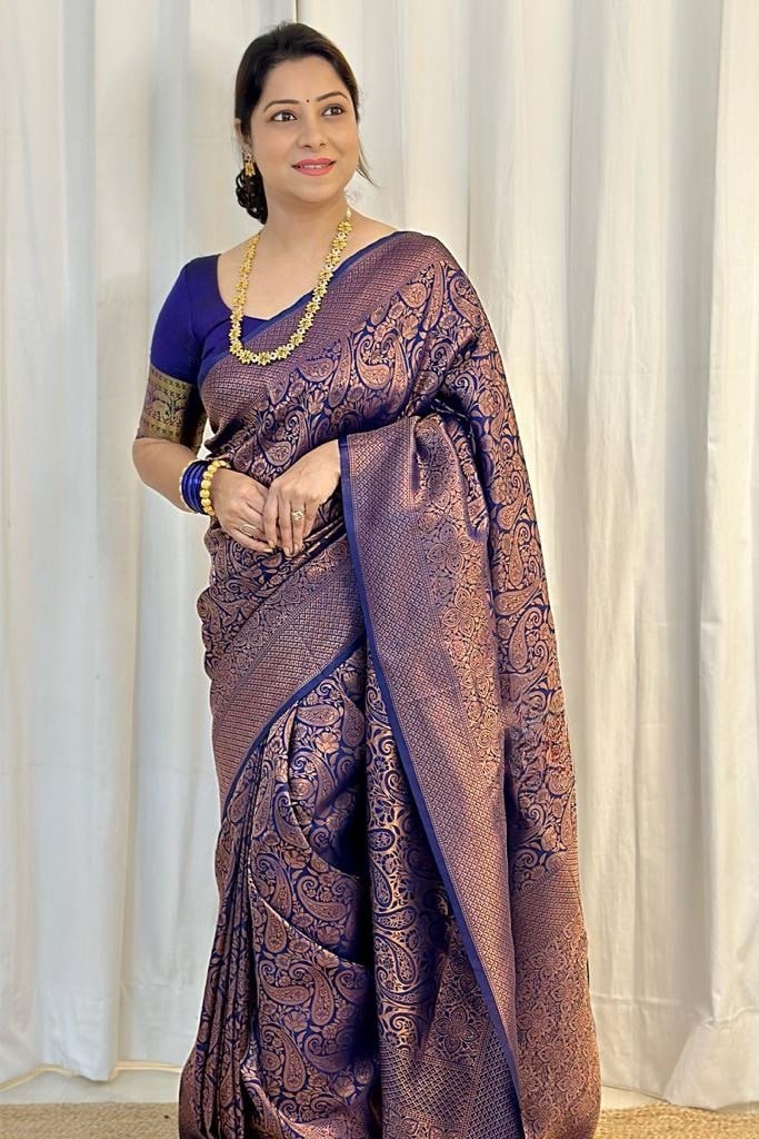 Banarasi Soft Silk Blue Saree with Exquisite Copper Zari Weaving Colorful Saree