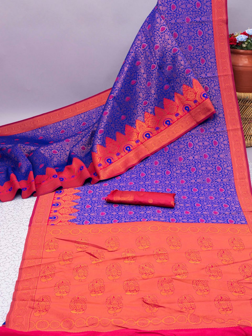 Banarasi Soft Silk Blue Saree with 5.5 Meters of Copper Zari Weaving Colorful Saree