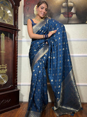 Banarasi Soft Silk Blue Saree with Exquisite Gold Zari Weaving Colorful Saree