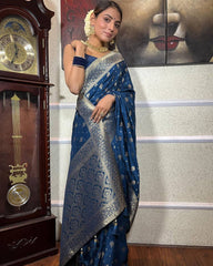 Banarasi Soft Silk Blue Saree with Pure Copper Zari Weaving & Heavy Brocade Blouse Colorful Saree