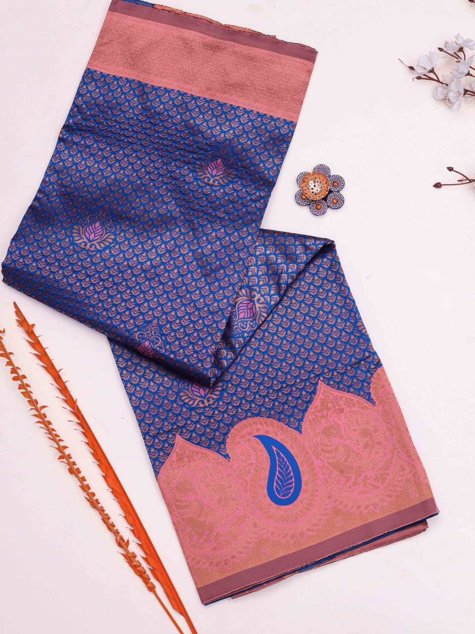 Banarasi Soft Silk Blue Saree with Copper Zari Weaving Colorful Saree