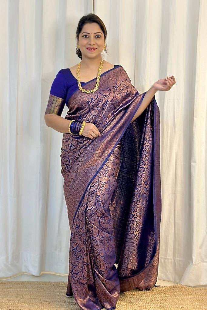 Banarasi Soft Silk Blue Saree with Exquisite Copper Zari Weaving Colorful Saree