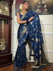 Banarasi Soft Silk Blue Saree with Exquisite Gold Zari Weaving Colorful Saree