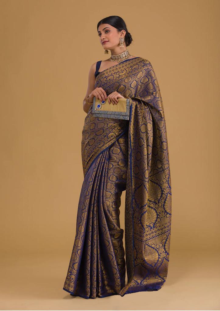 Banarasi Soft Silk Blue Saree with 5.5 Meters of Copper Zari Weaving Colorful Saree