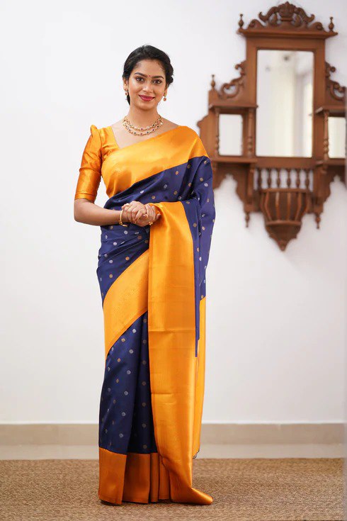 Banarasi Soft Silk Blue Saree with Copper & Silver Zari Weaving Colorful Saree