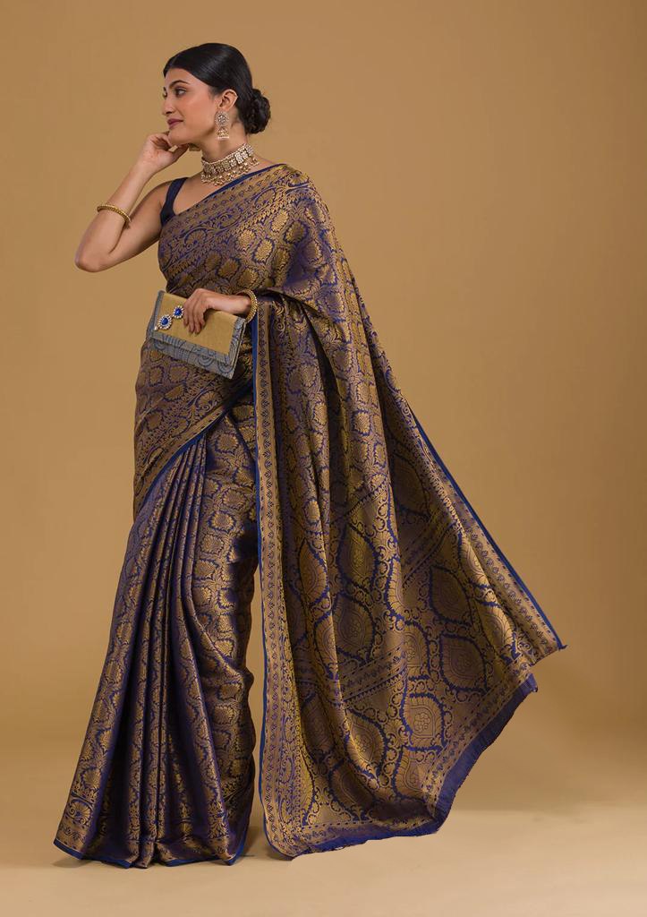 Banarasi Soft Silk Blue Saree with 5.5 Meters of Copper Zari Weaving Colorful Saree