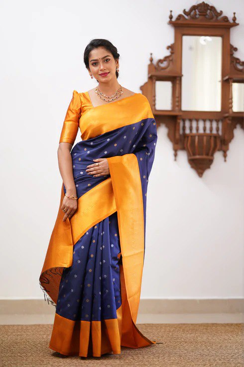 Banarasi Soft Silk Blue Saree with Copper & Silver Zari Weaving Colorful Saree