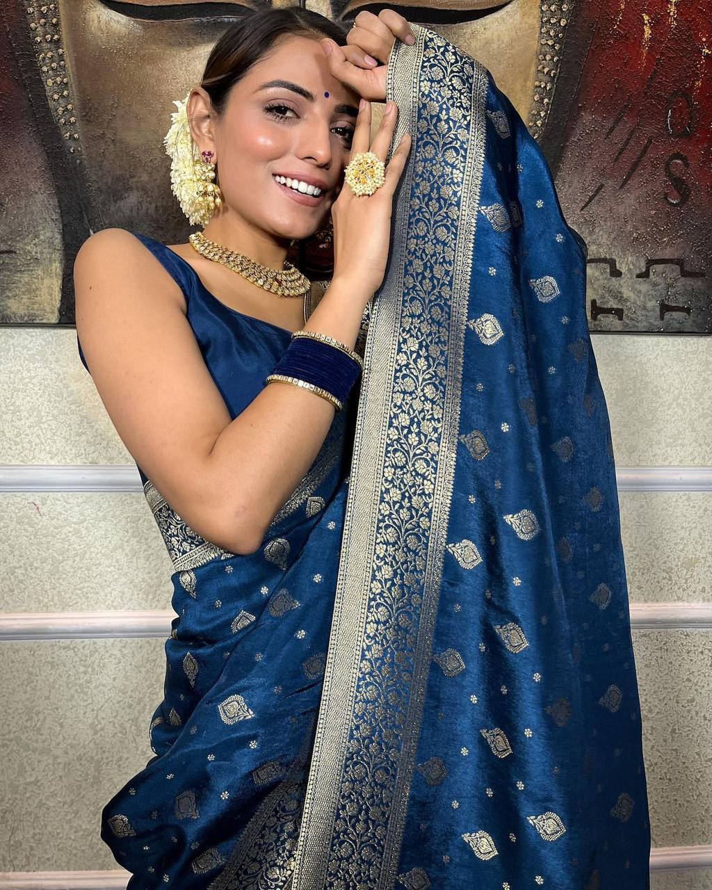 Banarasi Soft Silk Blue Saree with Pure Copper Zari Weaving & Heavy Brocade Blouse Colorful Saree