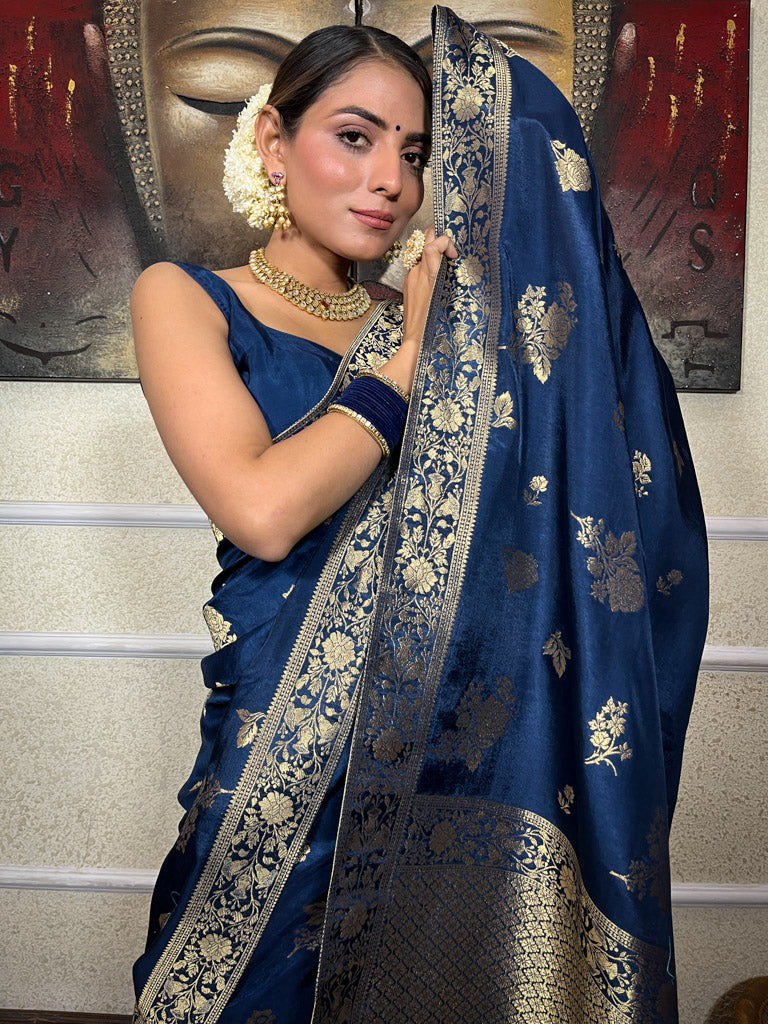 Banarasi Soft Silk Blue Saree with Exquisite Gold Zari Weaving Colorful Saree