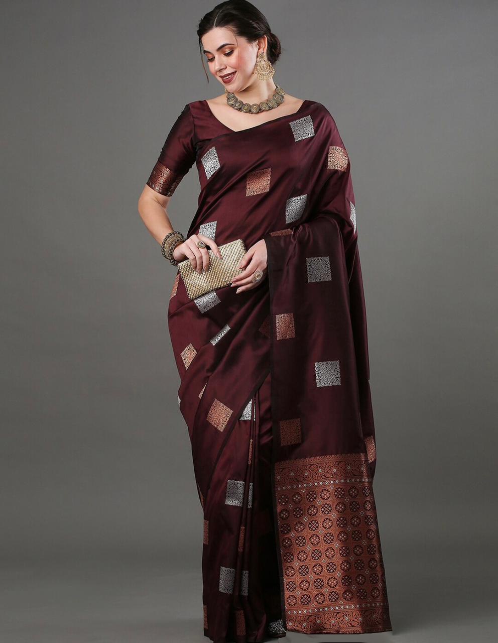 Banarasi Soft Silk Brown Saree with Exquisite Copper & Silver Zari Weaving Colorful Saree