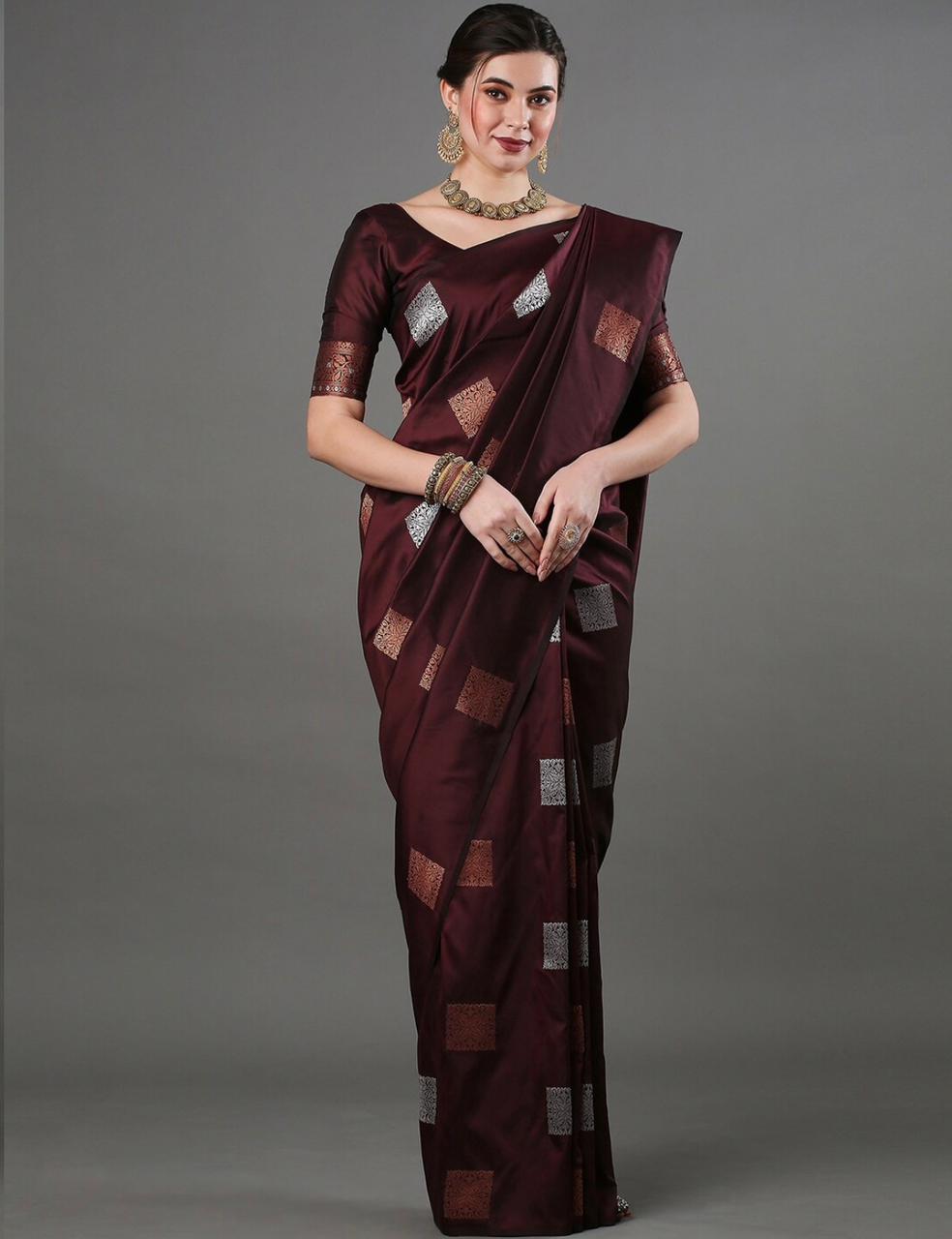 Banarasi Soft Silk Brown Saree with Exquisite Copper & Silver Zari Weaving Colorful Saree