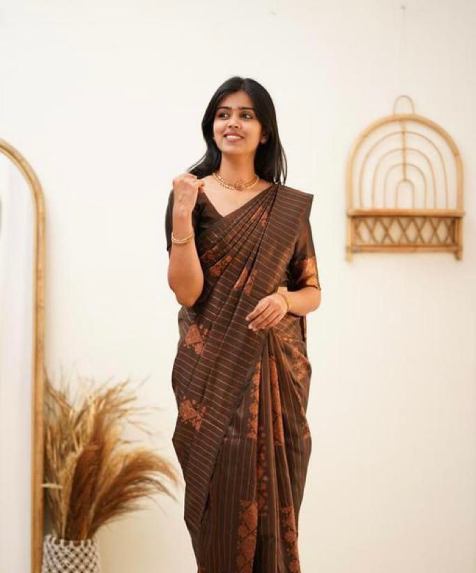 Banarasi Soft Silk Brown Saree with Exquisite Copper Zari Weaving Colorful Saree