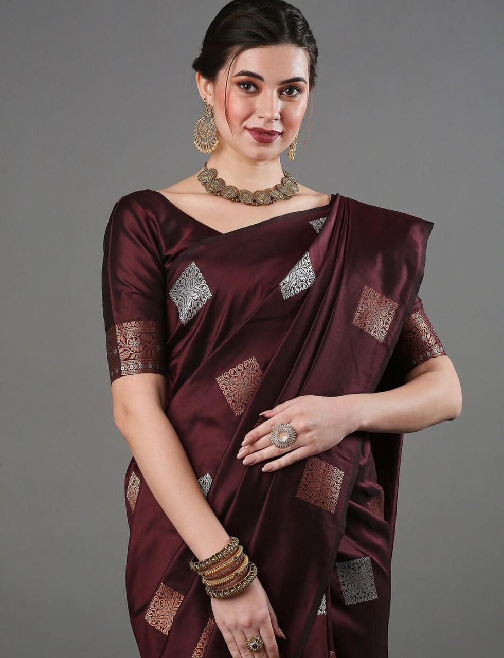 Banarasi Soft Silk Brown Saree with Exquisite Copper & Silver Zari Weaving Colorful Saree