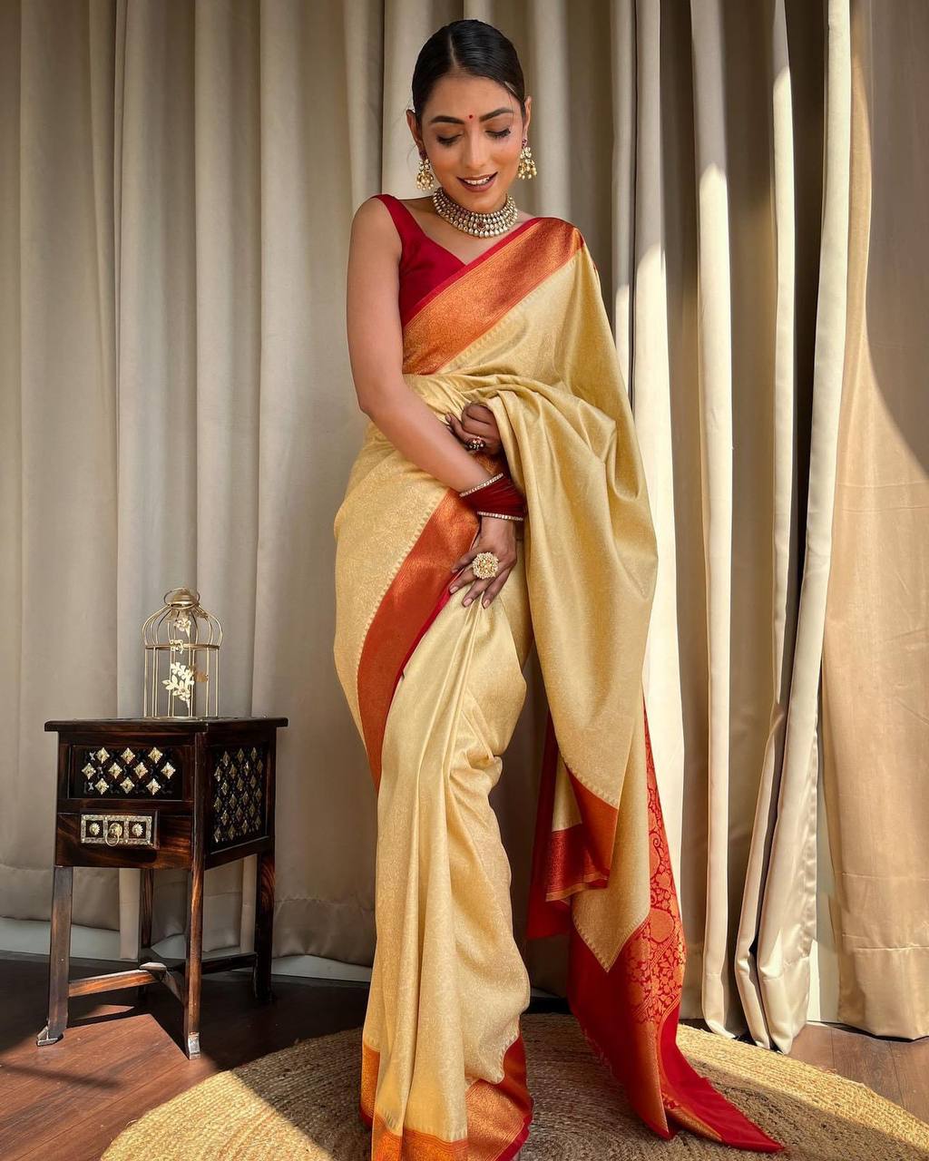 Banarasi Soft Silk Cream Saree with Pure Copper Zari Weaving Colorful Saree