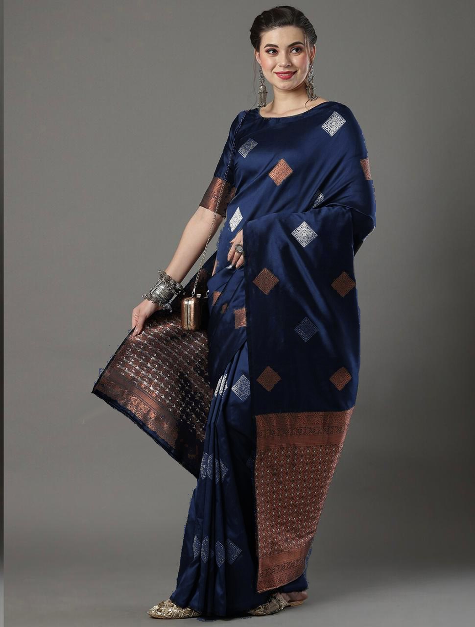 Banarasi Soft Silk Dark Blue Saree with Exquisite Copper & Silver Zari Weaving Colorful Saree