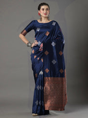 Banarasi Soft Silk Dark Blue Saree with Exquisite Copper & Silver Zari Weaving Colorful Saree