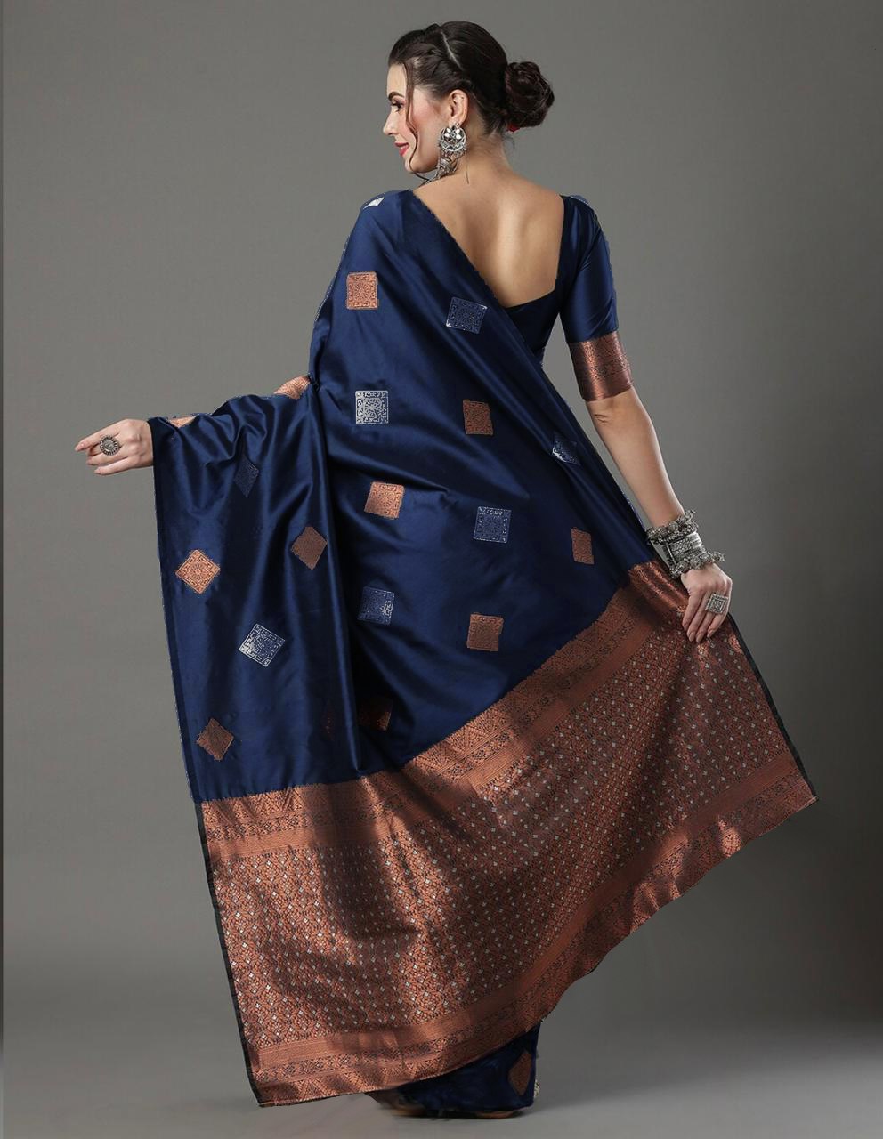 Banarasi Soft Silk Dark Blue Saree with Exquisite Copper & Silver Zari Weaving Colorful Saree