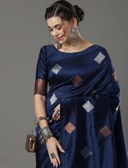 Banarasi Soft Silk Dark Blue Saree with Exquisite Copper & Silver Zari Weaving Colorful Saree