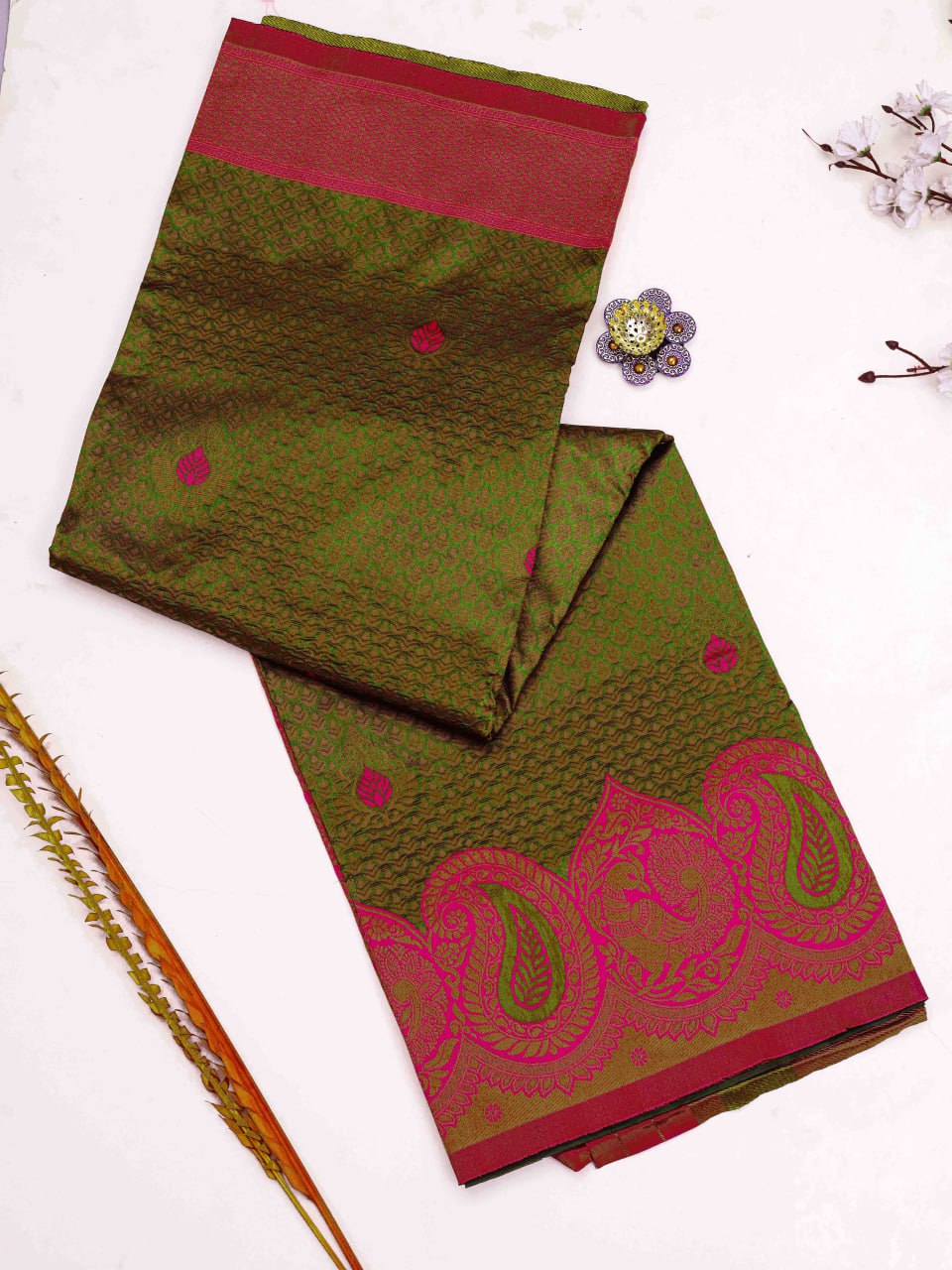 Banarasi Soft Silk Parrot Green Saree with Copper Zari Weaving Colorful Saree