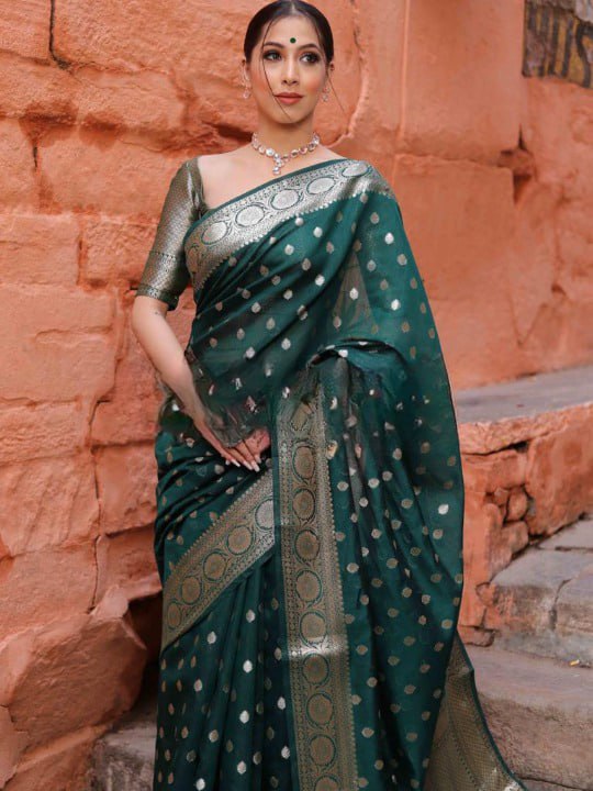 Banarasi Soft Silk Dark Green Saree with Matching Blouse Piece Colorful Saree