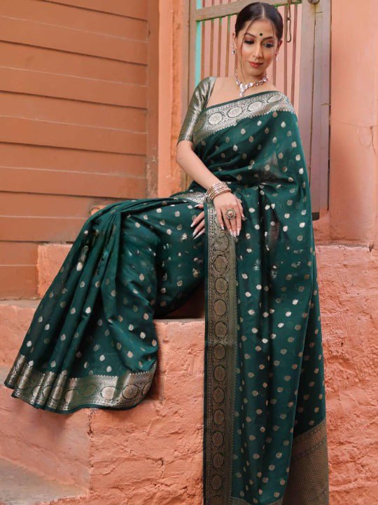 Banarasi Soft Silk Dark Green Saree with Matching Blouse Piece Colorful Saree