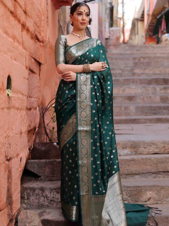 Banarasi Soft Silk Dark Green Saree with Matching Blouse Piece Colorful Saree