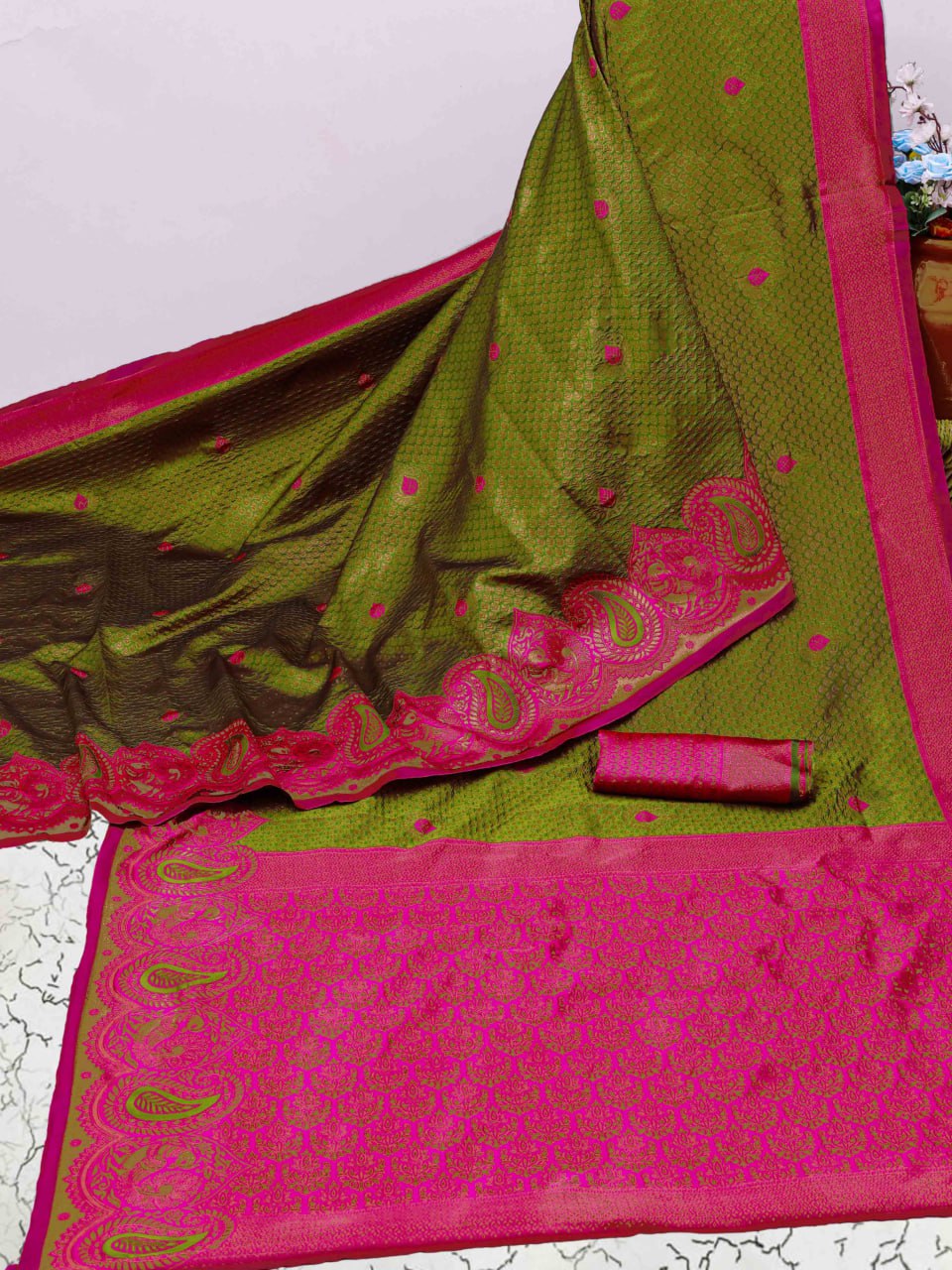 Banarasi Soft Silk Parrot Green Saree with Copper Zari Weaving Colorful Saree