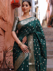 Banarasi Soft Silk Dark Green Saree with Matching Blouse Piece Colorful Saree