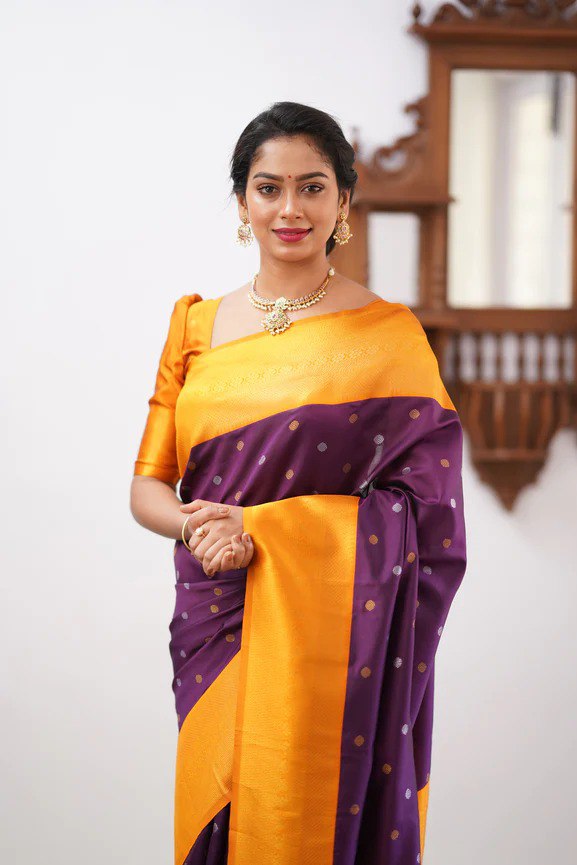 Banarasi Soft Silk Dark Purple Saree with Copper & Silver Zari Weaving Colorful Saree