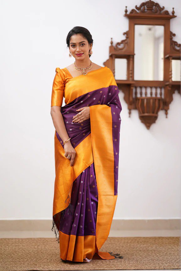 Banarasi Soft Silk Dark Purple Saree with Copper & Silver Zari Weaving Colorful Saree