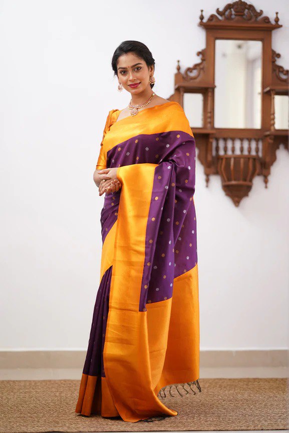 Banarasi Soft Silk Dark Purple Saree with Copper & Silver Zari Weaving Colorful Saree