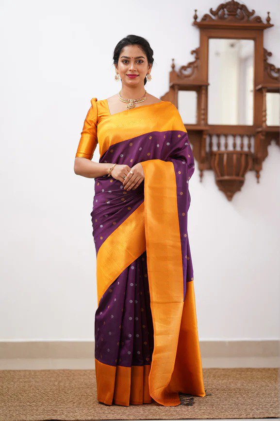 Banarasi Soft Silk Dark Purple Saree with Copper & Silver Zari Weaving Colorful Saree