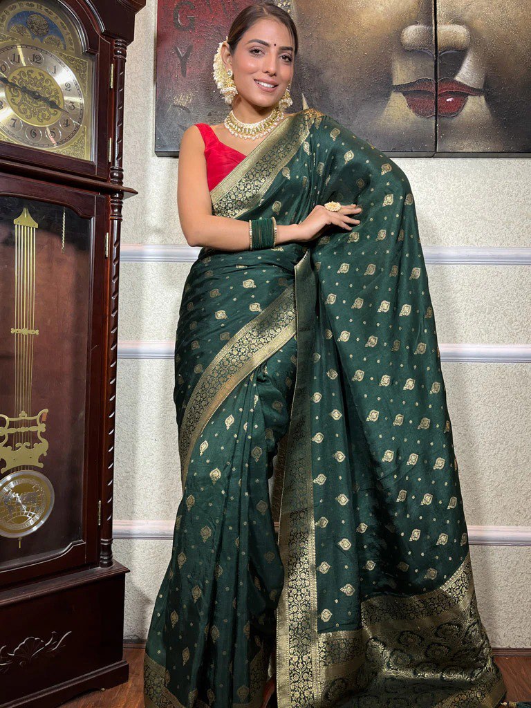 Banarasi Soft Silk Green Saree with Exquisite Gold Zari Weaving Colorful Saree