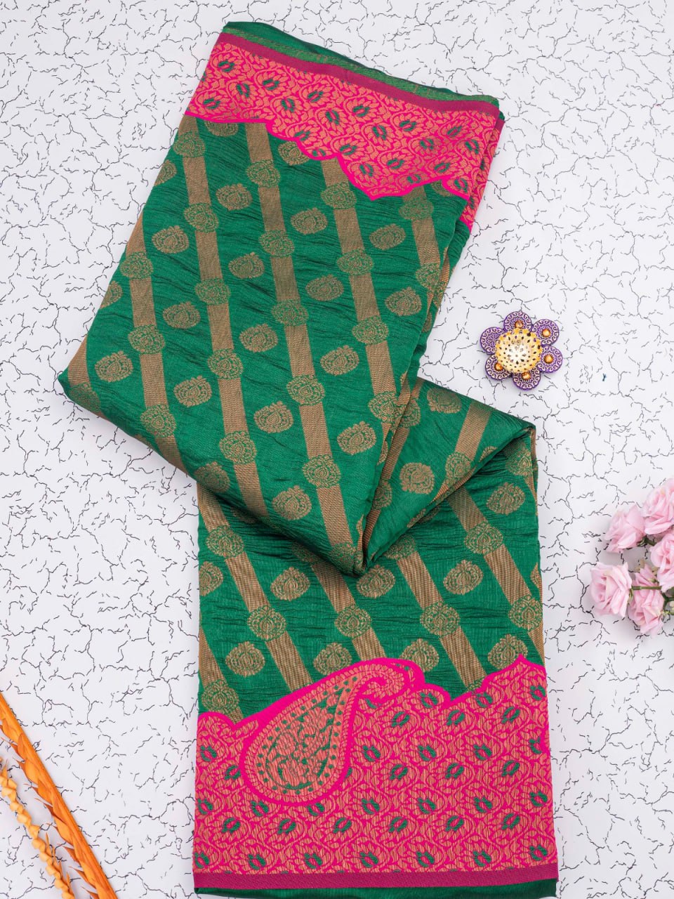 Banarasi Soft Silk Green Saree with 5.5 Meters of Copper Zari Weaving Colorful Saree