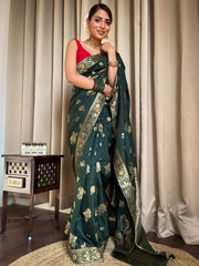 Banarasi Soft Silk Green Saree with Exquisite Gold Zari Weaving Colorful Saree