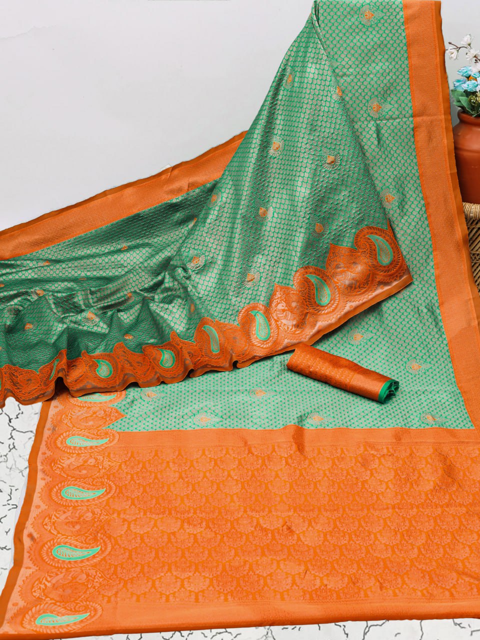 Banarasi Soft Silk Green Saree with Copper Zari Weaving Colorful Saree